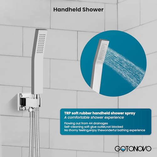 gotonovo Ceiling Shower System with Handheld Polished Chrome,12 inch Head | Ceiling Mount Bathroom Shower Faucet Set,SUS304 Rainfall Head and Handle Set Combo,Brass Valve Trim Kit,All Metal - color: Chrome, size: 12 inch Head