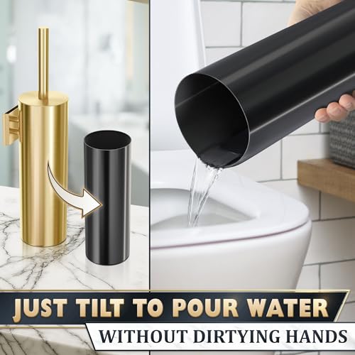 2Pcs Stainless Steel Toilet Brush and Holder Set, Hand Guard (Gold) | Toilet Bowl Brush and Holder, Removable Inner Bowl, Dense Bristles, Long Handle, Scratch Resistant, for Modern Bathrooms - color: Gold Wall-mounted