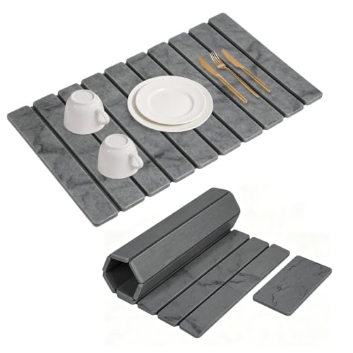 Large Stone Dish Drying Mat for Kitchen Counter, 24"×16" Foldable Quick Drying Mat, Absorbent Diatomaceous Earth Drying Mat for Bottles Cups Dishes, Match Any Countertop (Dark Gray Marble, 24" x 16") - color: Dark Gray Marble