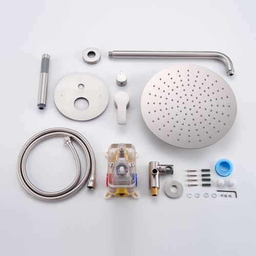 Iriber Brushed Nickel Shower System Wall Mounted Shower Faucet Mixer Set with 12 Inches Rain Shower head and Handheld, Bathroom Shower Trim Kit Contain Pressure Balance Valve - color: Brushed Nickel 02