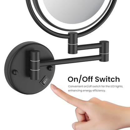 KIBI Circular Wall Mount Makeup Mirror with LED Lights, Dual-Sided 1x/5x Magnifying Mirror with Adjustable Arm, 360° Swivel, Solid Brass Construction for Durability and Style (Matte Black, KMM101) - color: Matte Black