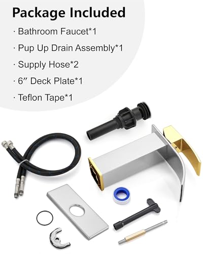 Midanya Waterfall Bathroom Faucet 1 Hole,Polish Gold Handle/Polish Chrome | with 24” Hoses,Pop Up Drain,6” Deck Plate,for 1 or 3 Hole Vanity,Lavatory,RV,Single Handle Bathroom Sink Faucet,NSF Certified - color: Bright Gold Handle/Chrome