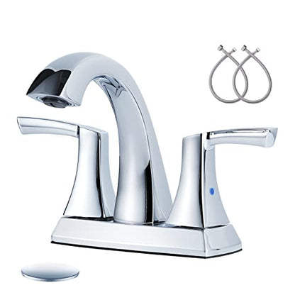 VXV Chrome Bathroom Faucet, 2 Handles Low Arc Bathroom Sink Faucets, 4 Inch Centerset Bath Lavatory Faucets with Pop-up Drain & Supply Lines (CP) - color: Chrome-4 inches