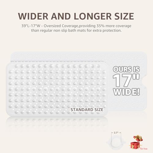 OTHWAY Bath Mat for Tub Non Slip: 39" X 17" Long Bathtub Mat with Hair Catcher│Big Drain Holes Shower Mats for Inside Shower│Machine Washable (White) - color: White