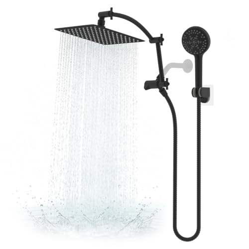 Hibbent All Metal 10" High Pressure Rain Shower Head Combo, Matte Black | cUPC Certified Rainfall Shower Head with handheld 10 Sprays, 16'' Adjustable Extension Arm, 71'' Hose, Showerhead Holder - color: Matte Black, style: Square 10''