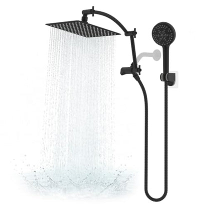 Hibbent All Metal 10" High Pressure Rain Shower Head Combo, Matte Black | cUPC Certified Rainfall Shower Head with handheld 10 Sprays, 16'' Adjustable Extension Arm, 71'' Hose, Showerhead Holder - color: Matte Black, style: Square 10''