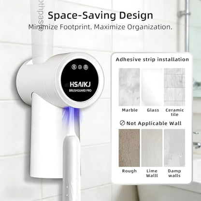 Wall Mounted Toothbrush Holder with Automatic Care Cycle, Heated Air Drying, UV Light Care, Magnetic Cup & Toothpaste Storage (White) - color: White