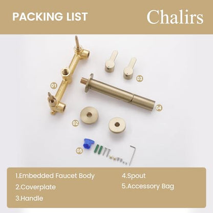 Wall Mount Bathroom Faucet Brushed Gold,Solid Brass Wall Mounted Sink Faucet,Widespread 3 Holes 2 Lever Handles Lavatory Vessel Sink Mixer Tap with Foldable Spout - color: Brushed Gold