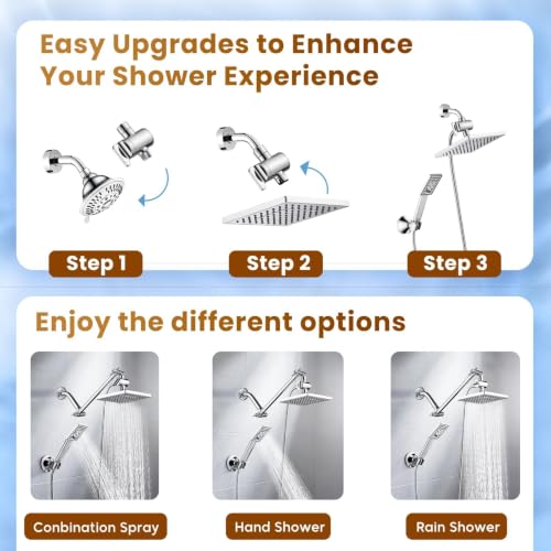 BRIGHT SHOWERS Rain Shower Head with Handheld Spray, 8 Inch High Pressure Rainfall Shower Head Combo with 60” Hose, Adjustable Dual Square Showerhead with 3-Way Diverter, Wall Bracket, Chrome - color: Chrome, style: Dual Shower Head