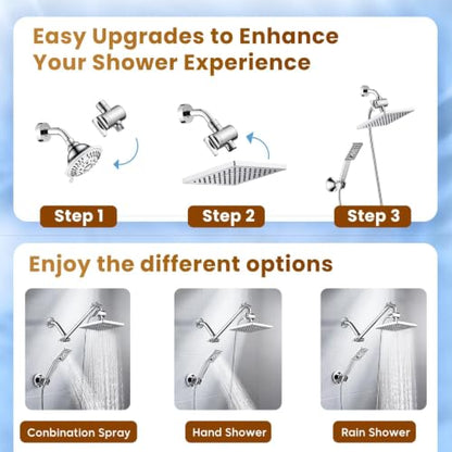 BRIGHT SHOWERS Rain Shower Head with Handheld Spray, 8 Inch High Pressure Rainfall Shower Head Combo with 60” Hose, Adjustable Dual Square Showerhead with 3-Way Diverter, Wall Bracket, Chrome - color: Chrome, style: Dual Shower Head