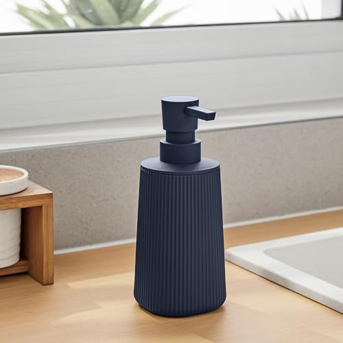 Small Soap Dispenser for Bathroom and Kitchen Matte Blue | Modern Farmhouse Striped Style Plastic Hand Soap Dish Soap Dispenser with Pump - color: Navy Blue