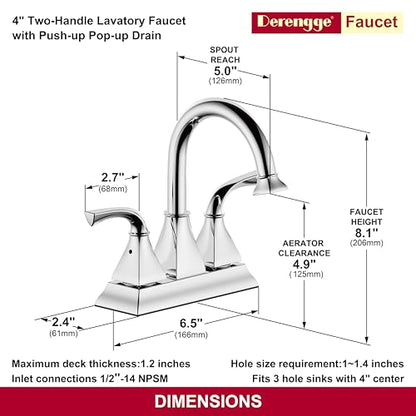 Centerset Polished Chrome Bathroom Faucet,4 Inch Two Handle Lavatory Bathroom Sink Faucet with Push up Pop-up Drain,F-4015-CP - color: Polished Chrome, size: Standard
