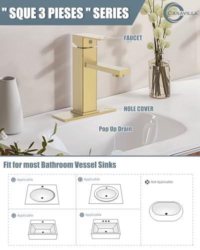 Bathroom Faucet, Brushed Gold Bathroom Sink Faucets & Parts(Pop-up Drain+6" Escutcheon Plate+Supply Hoses), Vanity Faucet for Vessel Sink, llaves para lavamanos de baño - color: 5.Brushed Gold(New), style: Short