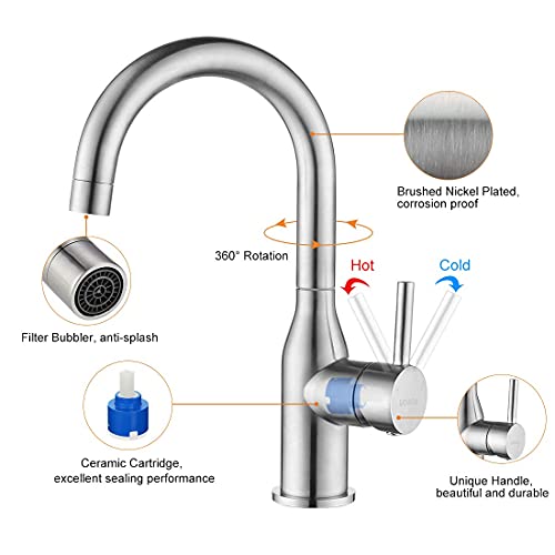 WOWOW Single Handle Bar Sink Faucet 1 Hole Bar Faucet Brushed Nickel Small Kitchen Faucet Modern Commercial Faucet for Sinks RV Sink Faucets with Water Supply Lines - color: Brushed Nickel