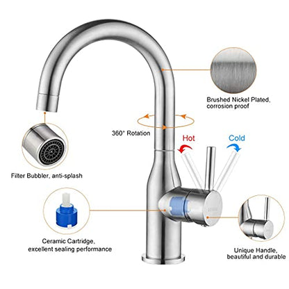 WOWOW Single Handle Bar Sink Faucet 1 Hole Bar Faucet Brushed Nickel Small Kitchen Faucet Modern Commercial Faucet for Sinks RV Sink Faucets with Water Supply Lines - color: Brushed Nickel