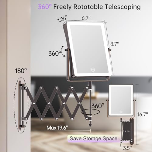 FASCINATE 8.7" 5000mAh Rechargeable Wall Mounted Makeup Mirror (Bronze) | Double Sided Touch Switch 1X 30X Magnifying Bathroom Mirror, 3 Color Lights Dimmable Extended Arm 360°Rotation - color: Bronze B