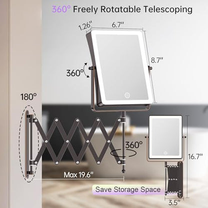 FASCINATE 8.7" 5000mAh Rechargeable Wall Mounted Makeup Mirror (Bronze) | Double Sided Touch Switch 1X 30X Magnifying Bathroom Mirror, 3 Color Lights Dimmable Extended Arm 360°Rotation - color: Bronze B