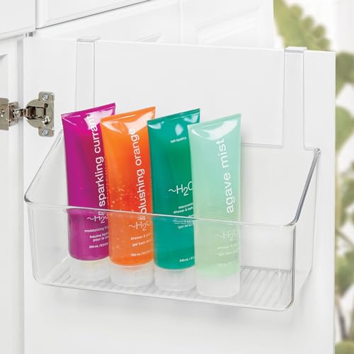 mDesign Plastic Over Cabinet Door Storage Organizer Bin for Kitchen, Pantry, Bathroom, Laundry, Utility Room - Hang Outside or Inside Door - Holds Lunch Bags, Shampoo, Cleaning Supplies, Large - Clear