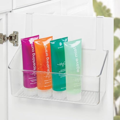 mDesign Plastic Over Cabinet Door Storage Organizer Bin for Kitchen, Pantry, Bathroom, Laundry, Utility Room - Hang Outside or Inside Door - Holds Lunch Bags, Shampoo, Cleaning Supplies, Large - Clear