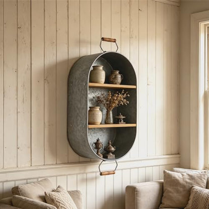Oakrain Farmhouse Towel Rack, Wood Wall Shelf Galvanized Wash Tub | Rustic Towel Holder, Decorative Hanging Shelf for Bathroom, Lavatory, Entryway - size: R-Oval