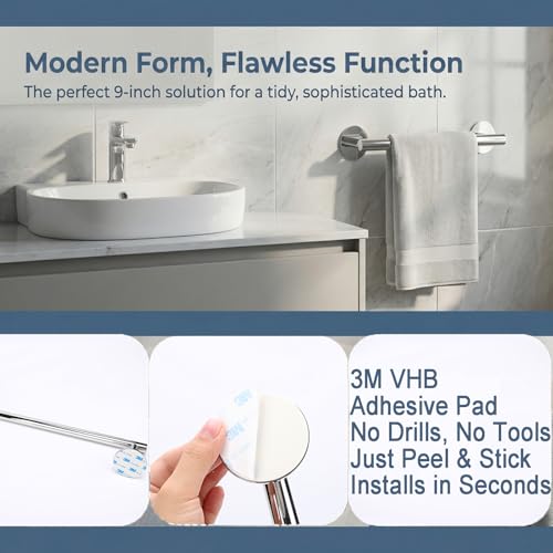 9" Self Adhesive Polished Chrome Hand Towel Holder, No Drill Small Bathroom Organizer, 304SS - color: Chrome, size: 9 Inch