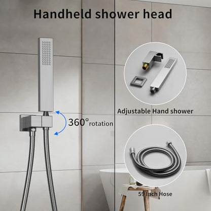 Bathroom Shower System Ceiling 14x20 Inch Shower Head, Spray With Handle, 6 PCS Body Jet And Handheld, Temperature Display Shower Faucet Set (Brushed Nickel) - color: Brushed Nickel