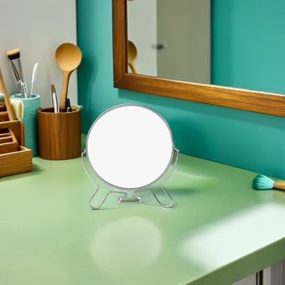 2pcs Double Sided Makeup Vanity Mirrors with Stand, 6-inch Round Lightweight Metal Frame and Glass, Foldable Swivel Tabletop Mirrors for Eyebrow Grooming at Home Use