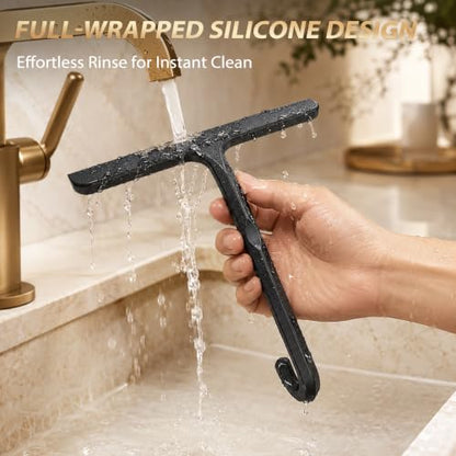Silicone Shower Squeegee with Hanging Hook for Glass Door & Window, Black | One-Piece Seamless Design for Easy Maintenance; Streak-Free Scraper for Mirrors, Tiles, Countertops & Car Windshields