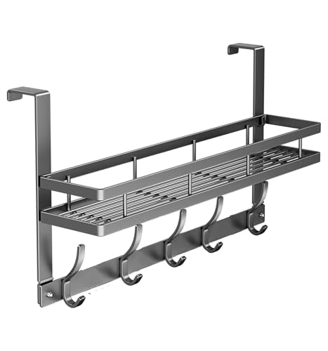 Over The Door Hooks Organizer, Coat Rack Over The Door Storage Hanger Towel Rack with Mesh Baskets and 10 Hooks, Back of Door Storage Organizer for Bathroom, Bedroom, Kitchen, Office (Grey)