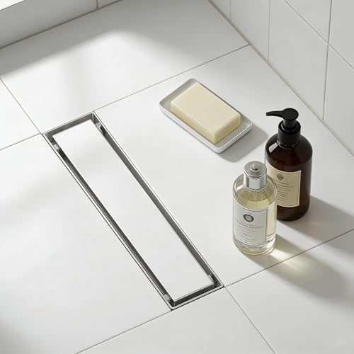 Linear Shower Drain 12 Inch Shower Trench Drain with Tile Insert Grate | Evolvegoods 304 Stainless Steel Bathroom Floor Drain,Rectangular Shower Drain with Leveling Feet,Hair Strainer,Brushed Nickel - size: 12 Inches