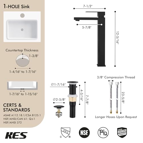 KES Vessel Sink Faucet and Drain Combo, Black Bathroom Faucets, Tall Faucets, All-Metal Pop Up Sink Drain NO Overflow, Matte Black, L3156BLFF12-BK-C2 - color: Black, style: w/ Drain (NO Overflow) - TALL Faucet