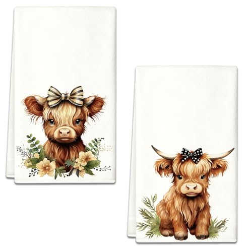 2Pcs Cute Highland Cow Bow Summer Kitchen Towels Gifts for Cow Lovers | Waffle Weave Hand Tea Dish Towels for Farmhouse Home Kitchen Bathroom,Highland Cow Decor,14''×23'' - color: Cow