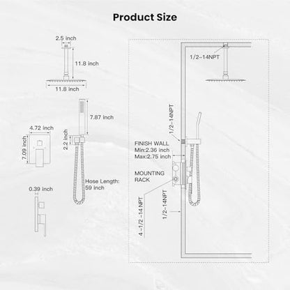 gotonovo Ceiling Shower System with Handheld Matte Black,12 inch Head | Ceiling Mount Bathroom Shower Faucet Set,SUS304 Rainfall Head and Handle Set Combo,Brass Valve Trim Kit,All Metal - color: Black, size: 12 inch Head