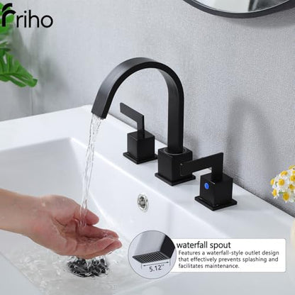 Friho Matte Black Waterfall Bathroom Faucet, 8 Inch Widespread 3 Hole Sink Faucet with 2 Handles, Pop-up Drain & Supply Lines, Stainless Steel Vanity Faucet for Bathroom - style: Thin Square