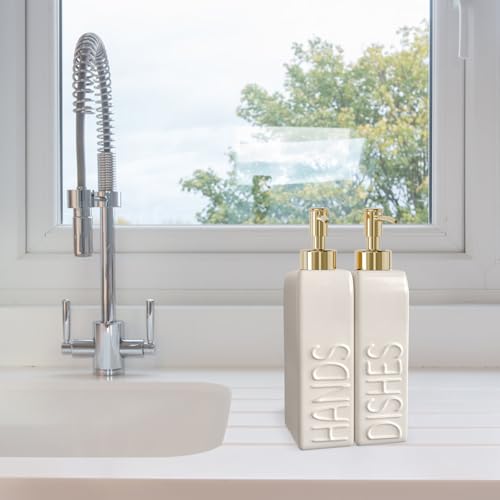 Soap Dispenser Set with Gold Stainless Steel Pump and a Funnel, 2 Pack Modern Ceramic Refillable Hand and Dish Soap Dispenser for Kitchen, Bathroom, Matte White - color: White & Gold