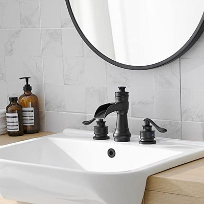 Bathroom Sink Faucet Waterfall 3 Hole or 8 Inch Widespread Tap | Matte Balck,Brass,Double Handle,Easy to Clean,Simple Installation,Pop-up Drain,Supply Line,Control of Hot and Cold Water - color: Matte Black