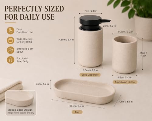 Clasin Home 3 Pcs Bathroom Accessories Set, Liquid Soap Dispenser with Large Pump, Toothbrush Holder Cup and Soap Dish, Sandstone Texture Bathroom Counter Set for Modern Home (Beige) - color: Beige