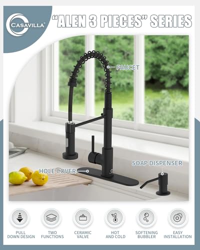 Kitchen Faucet Set, Black Kitchen Sink Faucets with Pull Down Sprayer and Soap Dispenser, Single Handle Stainless Steel Faucets for Kitchen Sinks, Farmhouse RV Faucet with Deck Plate - color: A-Matte Black, style: Contemporary