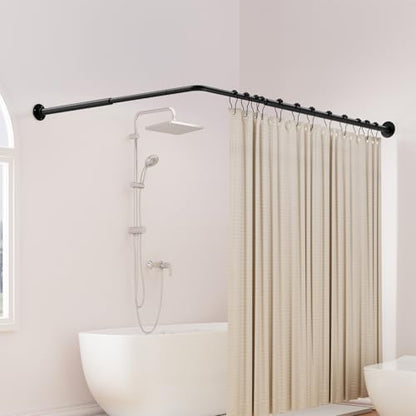 Supforce Curved Shower Curtain Rod, L Shaped Corner Shower Rod [24"-37"] x [24"-37"] Adjustable, Stainless Steel 90 Degree Angled Shower Curtain Rod with 12 Hooks & Ceiling Support, No Sagging