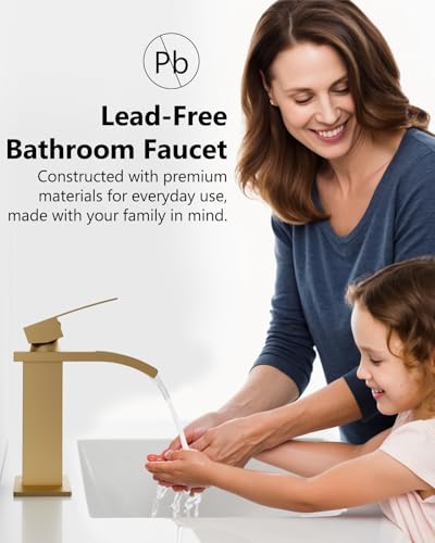 Gold Waterfall Bathroom Faucet 1-Handle Vanity Faucet | Stainless Steel Modern Bathroom Sink Faucet,Pop-Up Drain, Supply Lines 6-in Deck Plate, 1- or 3-Hole, NSF Certified - color: Gold