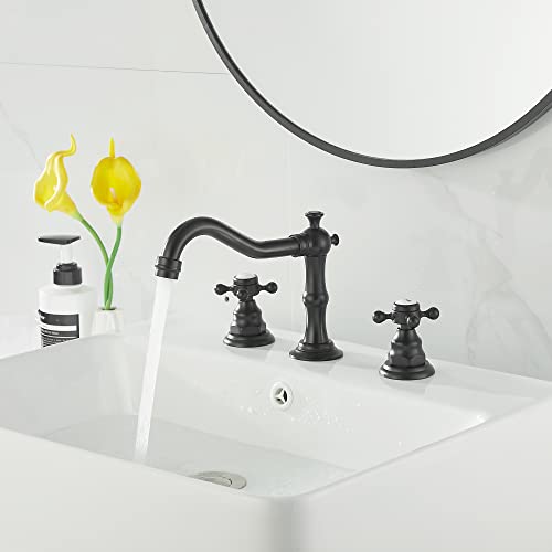 Matte Black Bathroom Faucet 2 Handles 3 Holes Faucet 8 inch Widespread Bathroom Sink Faucet Tap Mixer Supply Hose Included Matching Metal Pop Up Drain - color: Black, style: Ceramic Cover