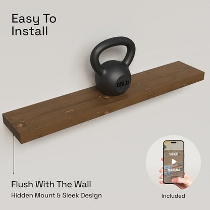 Solid Wood Floating Shelves for Wall 36 Inches Long, Walnut Wooden Shelf | Real Wood, Heavy Duty, Wall Mounted, Bedroom Bathroom Kitchen Living Room Rustic, Walnut Finish, 36W × 6.7D, Set of 2 - color: Walnut, size: 36 Inch