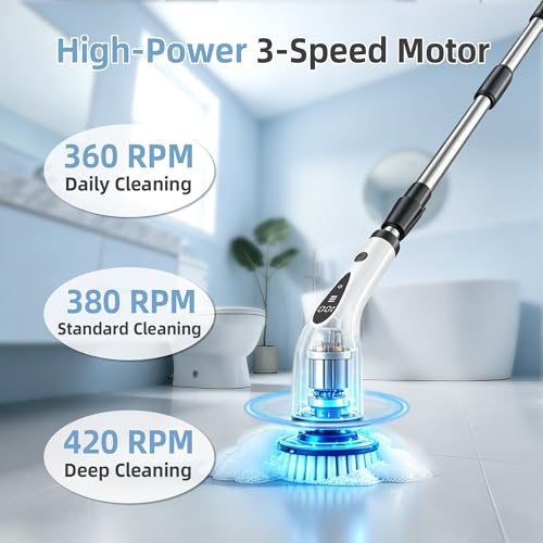 Electric Spin Scrubber, 3-Speed Flat End Brush with 8 Brush Heads & Base, IPX7 Waterproof, Adjustable Long Handle, Digital Display, 2500mAh Fast Charging, for Bathroom, Tub, Tile, Floor - color: Black