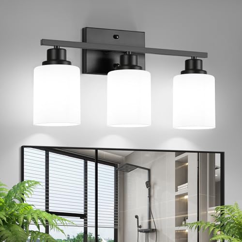 Ascher Bathroom Light Fixtures, 3-Light Vanity Light Over Mirror, Black Wall Sconces with Milky White Frosted Glass Shades, Wall Lamp for Living Room Bedroom, E26 Base(Bulbs Not Included) - color: Black, size: 3-Light