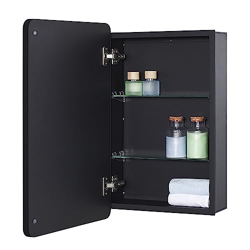 Black Bathroom Mirror Medicine Cabinet with Round Corner Framed Door and Beveled Edge Mirror 15 x 25 inch, Recessed or Surface Mount, with Adjustable Glass Shelves