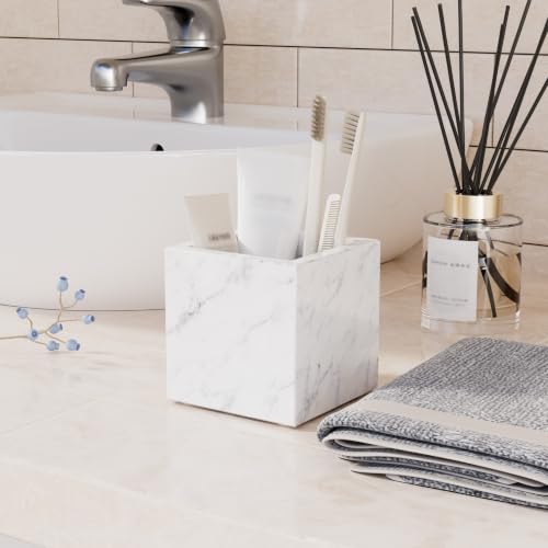 Marble Toothbrush Holder,Pencil Cup,3.9x3.9x3.9in,Carrara White | Makeup Brush Holders with Anti Slip Foot Pads, Rectangular Toothbrush Organizer,Natural Stone Utensil Container for Bathroom - color: Carrara White