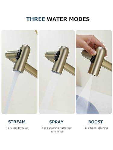 Rotatable Bathroom Faucet with Temperature Display in Fahrenheit (Batteries-Free), 3 Water Outlet Modes, Brushed Gold - color: Gold