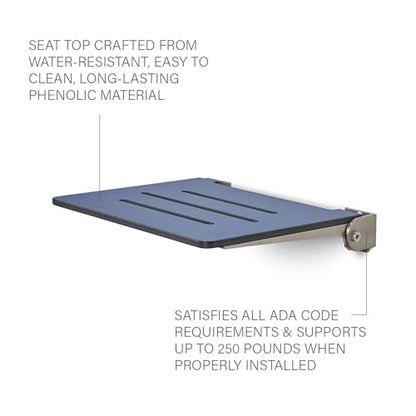 18 inch Silhouette Slimline Folding Wall Mount Shower Bench Seat, Navy Seat with Silver Frame - color: Navy Seat With Silver Frame