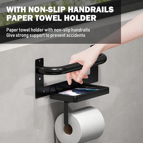 Toilet Paper Holder with Assist Bar - Matte Black Bathroom Safety Handle Wall Mount with Toilet Roll Holder and Shelf 300lbs Weight Support Grab Bar for Bathtubs and Showers