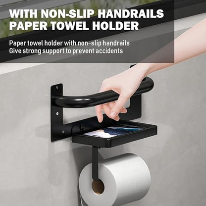 Toilet Paper Holder with Assist Bar - Matte Black Bathroom Safety Handle Wall Mount with Toilet Roll Holder and Shelf 300lbs Weight Support Grab Bar for Bathtubs and Showers